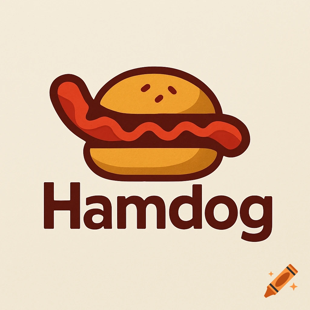 A minimalist logo featuring a stylized hot dog in a hamburger bun, with the word 'Hamdog' in bold brown text below it.