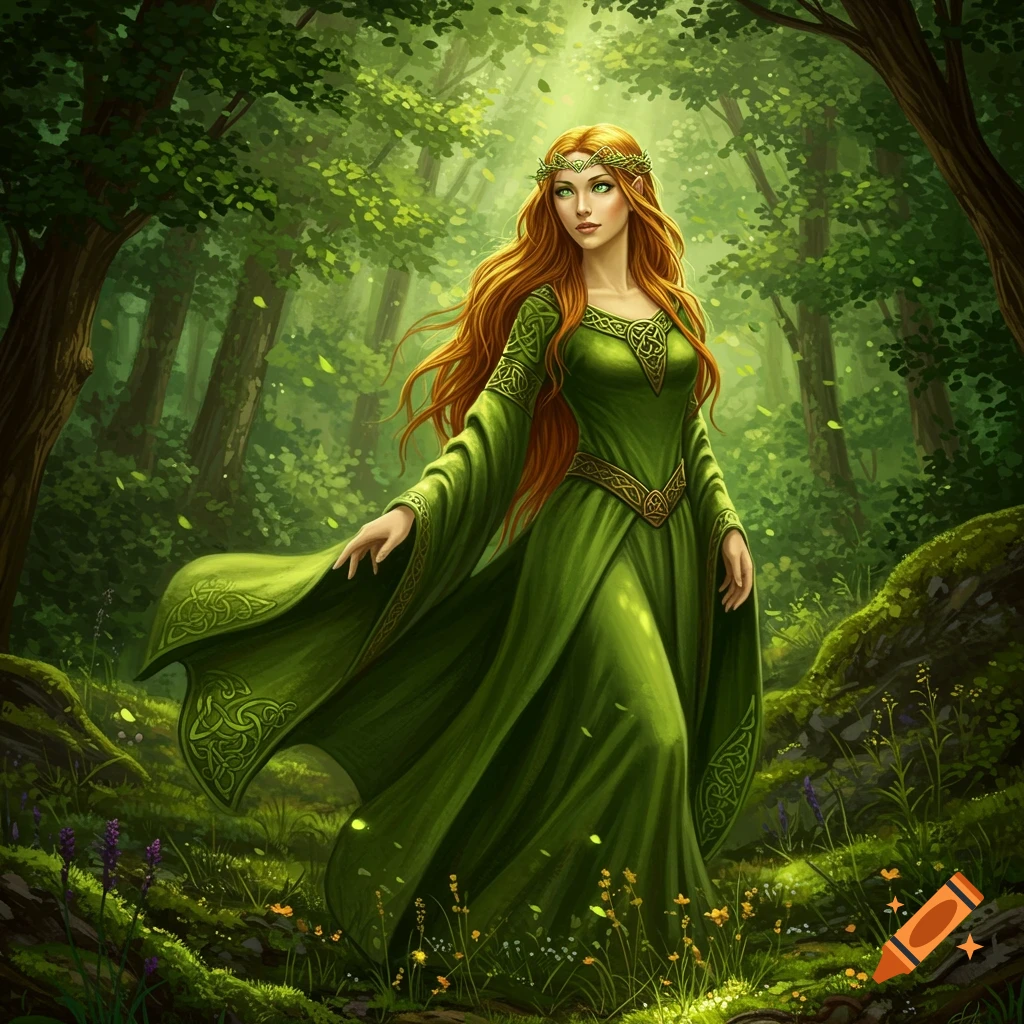 A beautiful red-haired woman in a flowing green Celtic dress and leafy crown stands in a sun-dappled forest, digital painting.