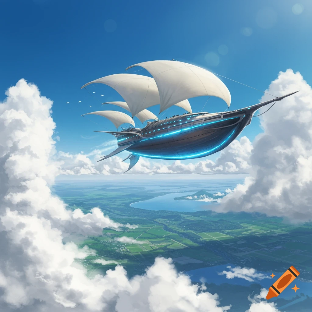 A sleek, dark skyship with white sails and a glowing blue keel flies above white clouds and a green landscape with a winding river.
