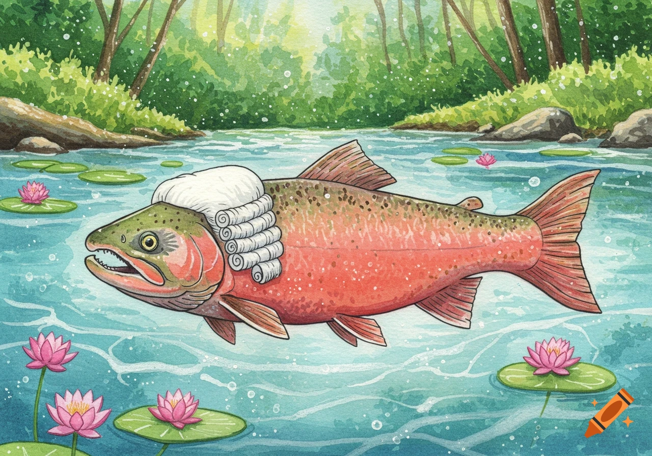 Watercolor illustration of a salmon wearing a white powdered wig, swimming in a river with pink water lilies.