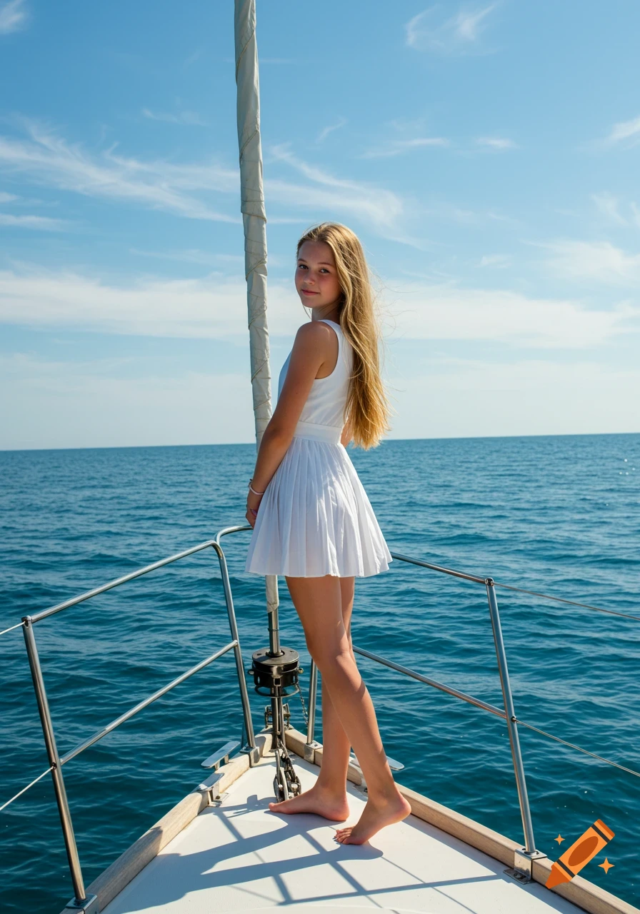 A blonde girl in a white dress stands barefoot on the bow of a sailboat, looking back over her shoulder at the viewer, with blue ocean and sky around her.