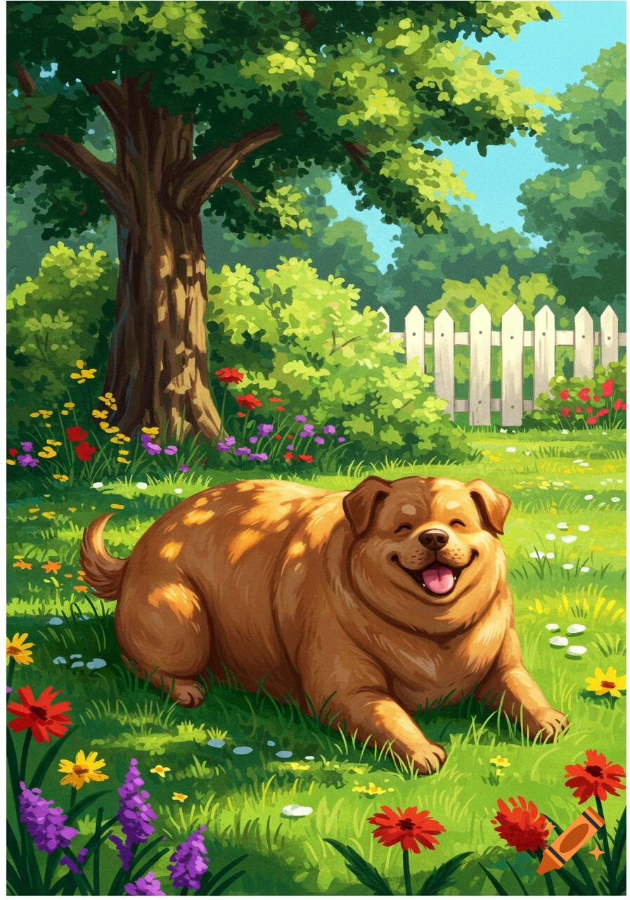 A happy, plump brown dog lies smiling on green grass in a vibrant, cartoon garden with colorful flowers, a tree, and a white fence.