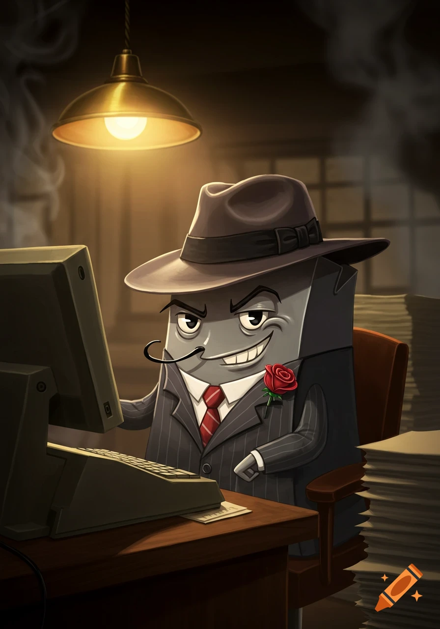 A cartoon gangster computer assistant in a pinstripe suit, fedora, and mustache sits at a desk with an old computer.