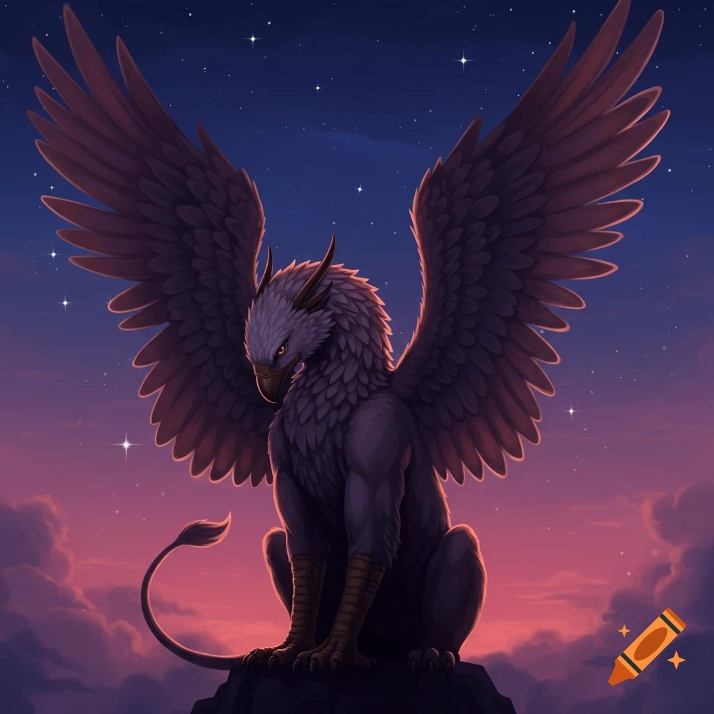 A majestic griffin with outstretched wings sits on a rock at twilight, under a starry sky.