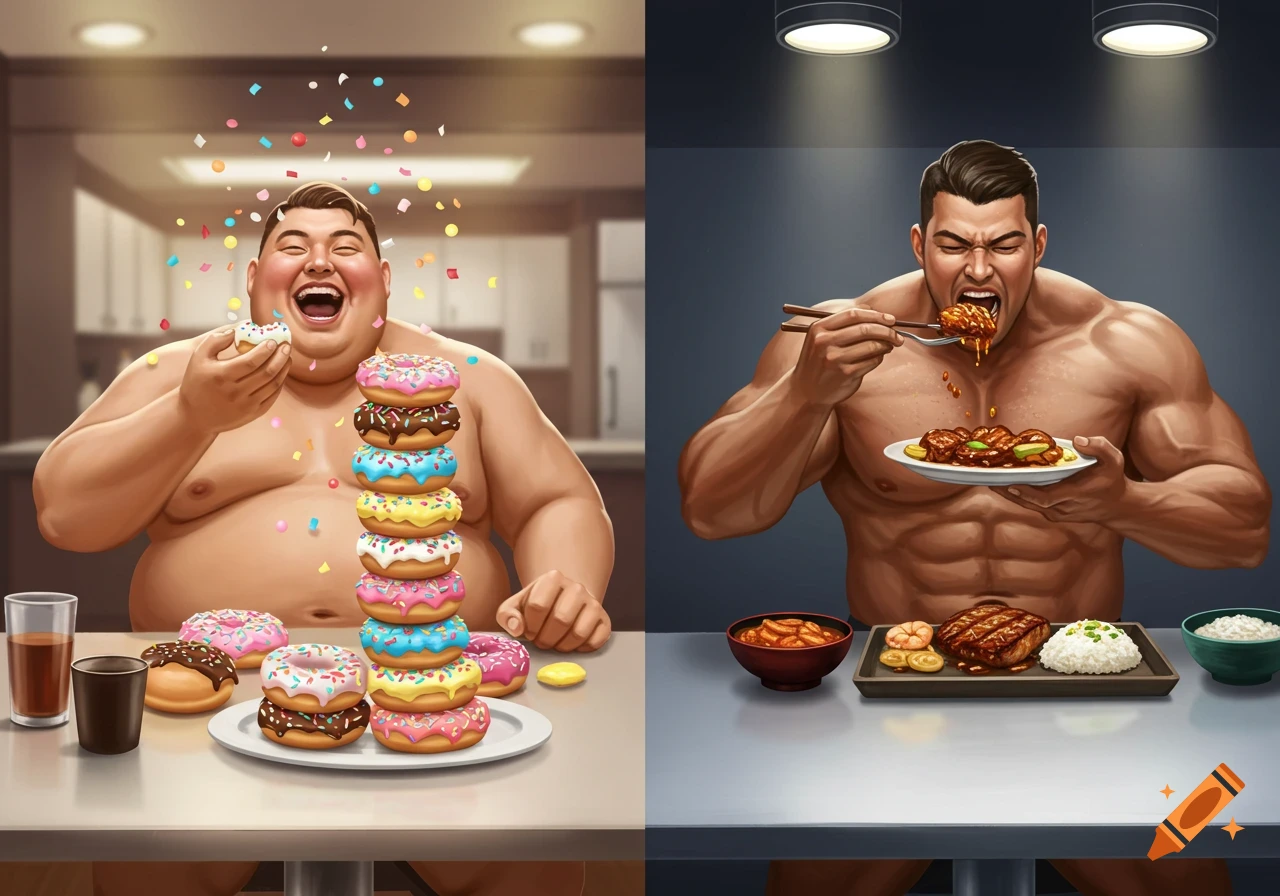 Digital illustration contrasting an obese man eating donuts with a muscular man eating a healthy meal.