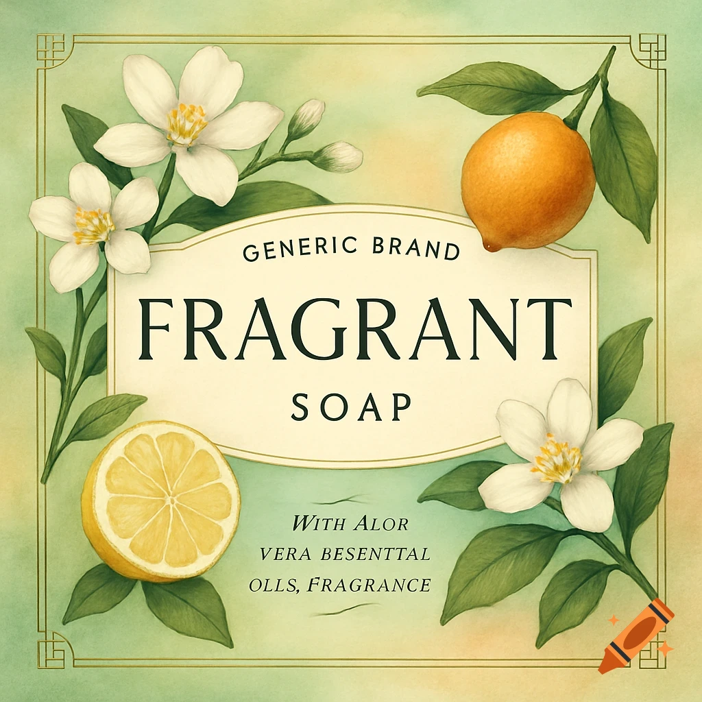Vintage-style soap label with lemons, white flowers, and text on a green background.