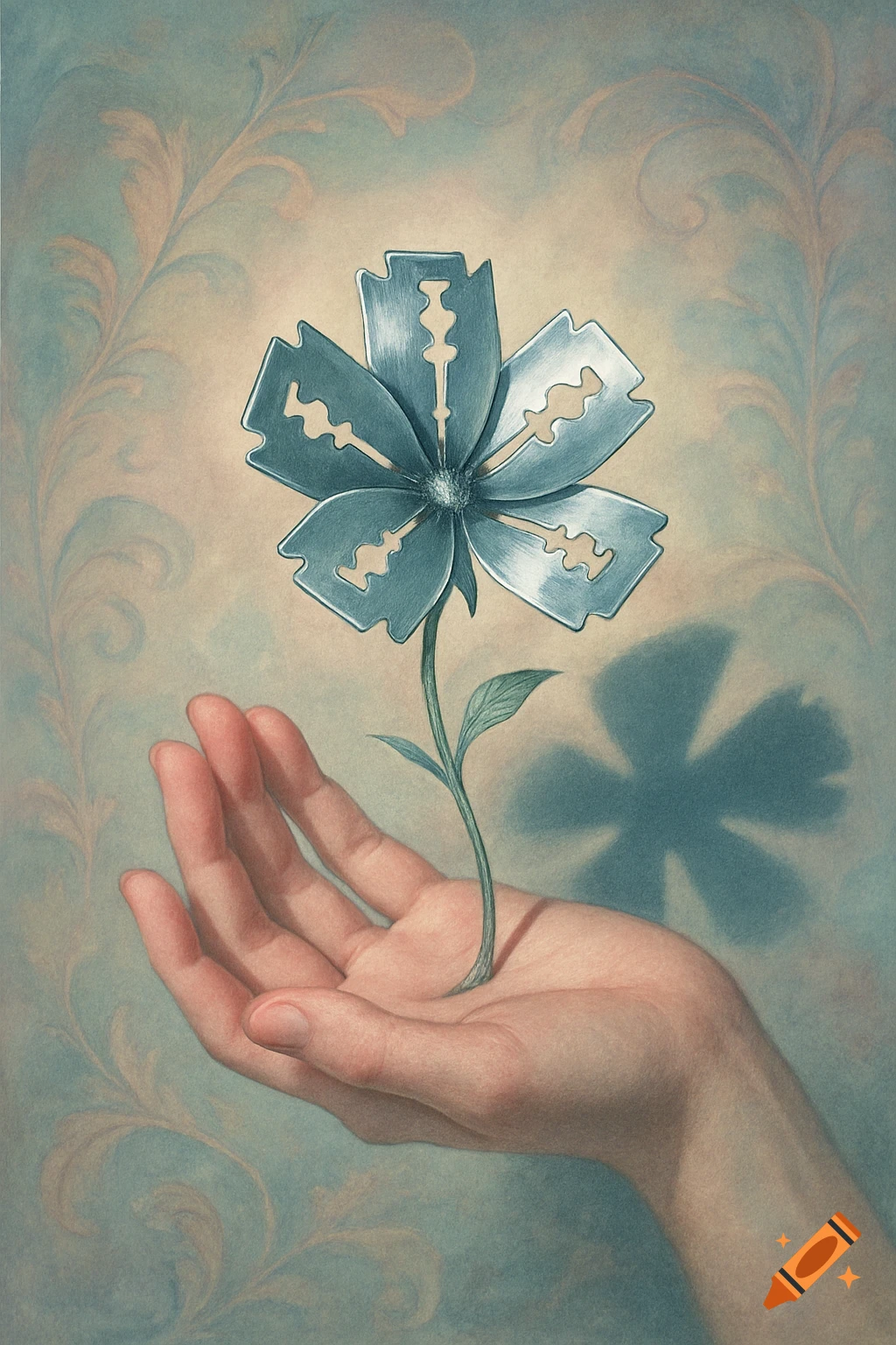 An illustrative image of a hand holding a flower with petals made of razor blades against a patterned background.