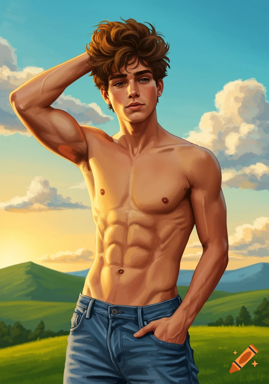A handsome, shirtless young man with curly brown hair and chiseled abs poses outdoors in jeans against a sunset sky and green hills.