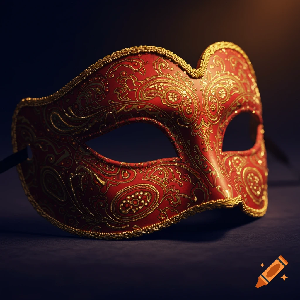 A red masquerade mask with ornate gold paisley patterns, lit dramatically against a dark background.