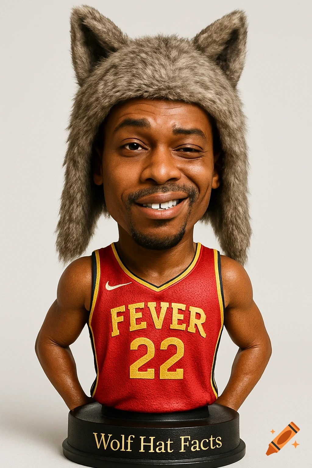 Photorealistic bobblehead of an African-American man in a wolf hat and red 'FEVER 22' basketball jersey on a 'Wolf Hat Facts' base.