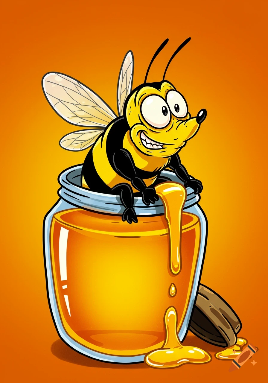 A mischievous cartoon bee with big eyes and a wide grin peeks out of a honey jar, with honey dripping down the sides, in a bold Rat Fink style.