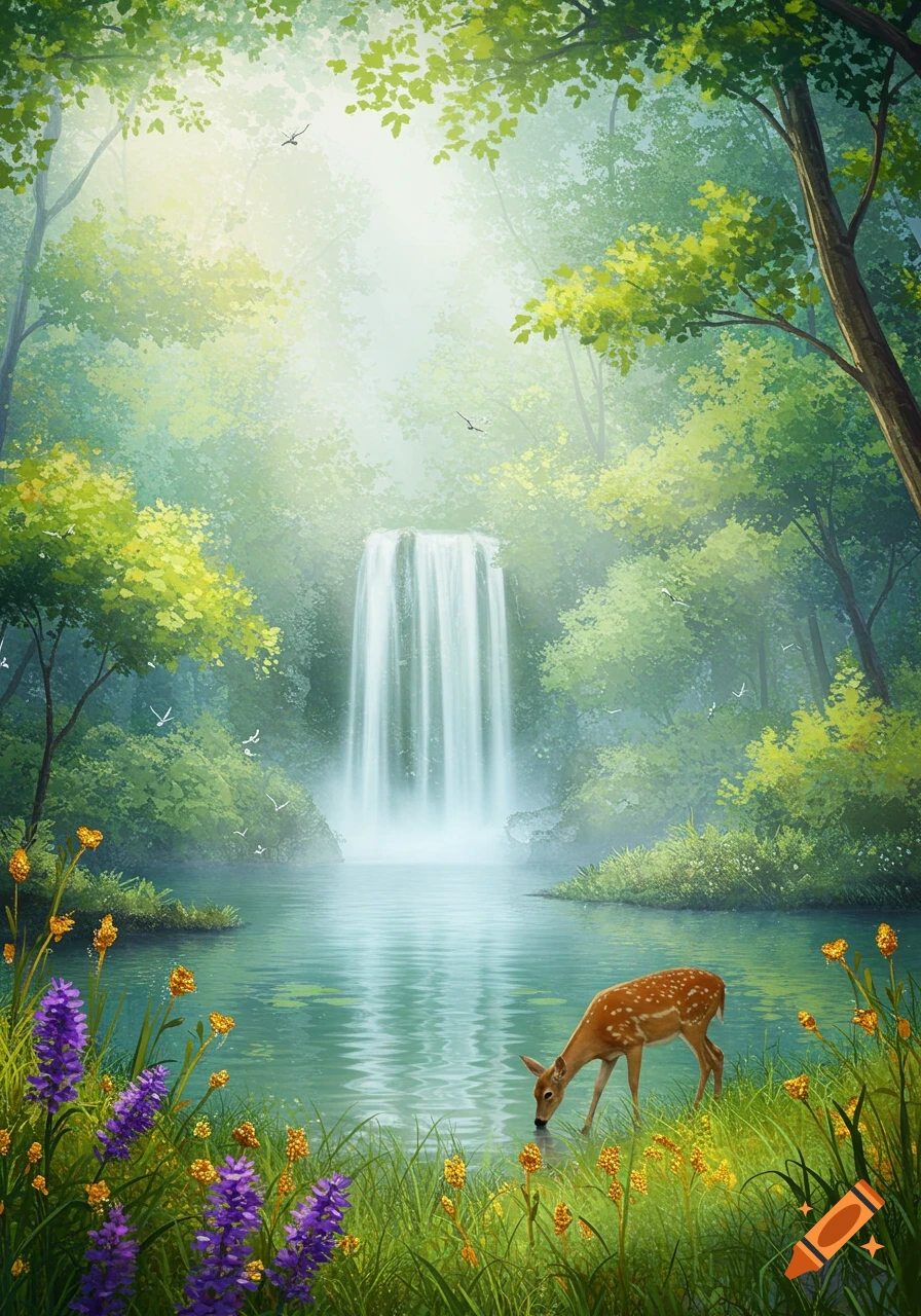 A deer drinks from a pond in a lush, green forest with a waterfall and colorful flowers in an illustrative style.