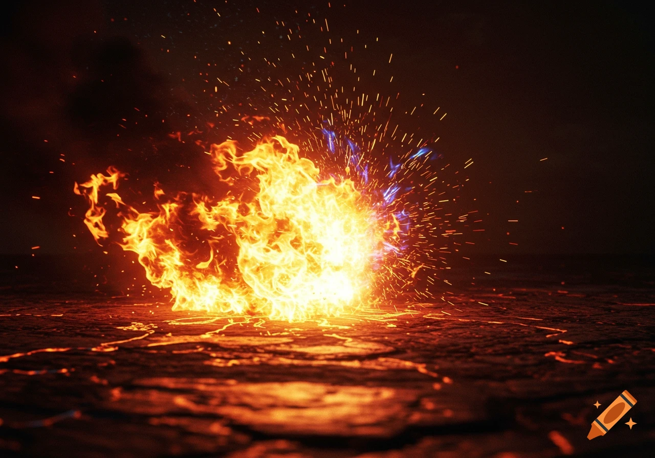 Vibrant flames erupt from a cracked, glowing orange and red surface, with a burst of bright sparks and blue light against a dark background.