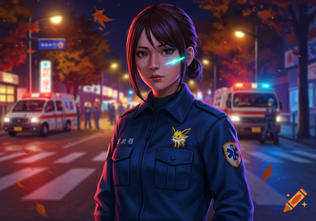An anime-style female paramedic in a blue uniform with a Jolteon badge stands on a city street at night, with ambulances in the background.