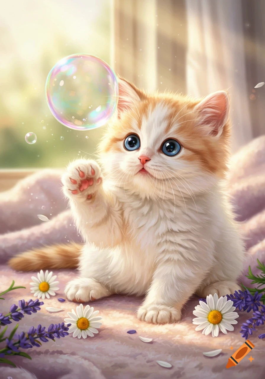 A fluffy orange and white kitten with large blue eyes reaches for a colorful bubble, surrounded by daisies and lavender on a soft blanket.