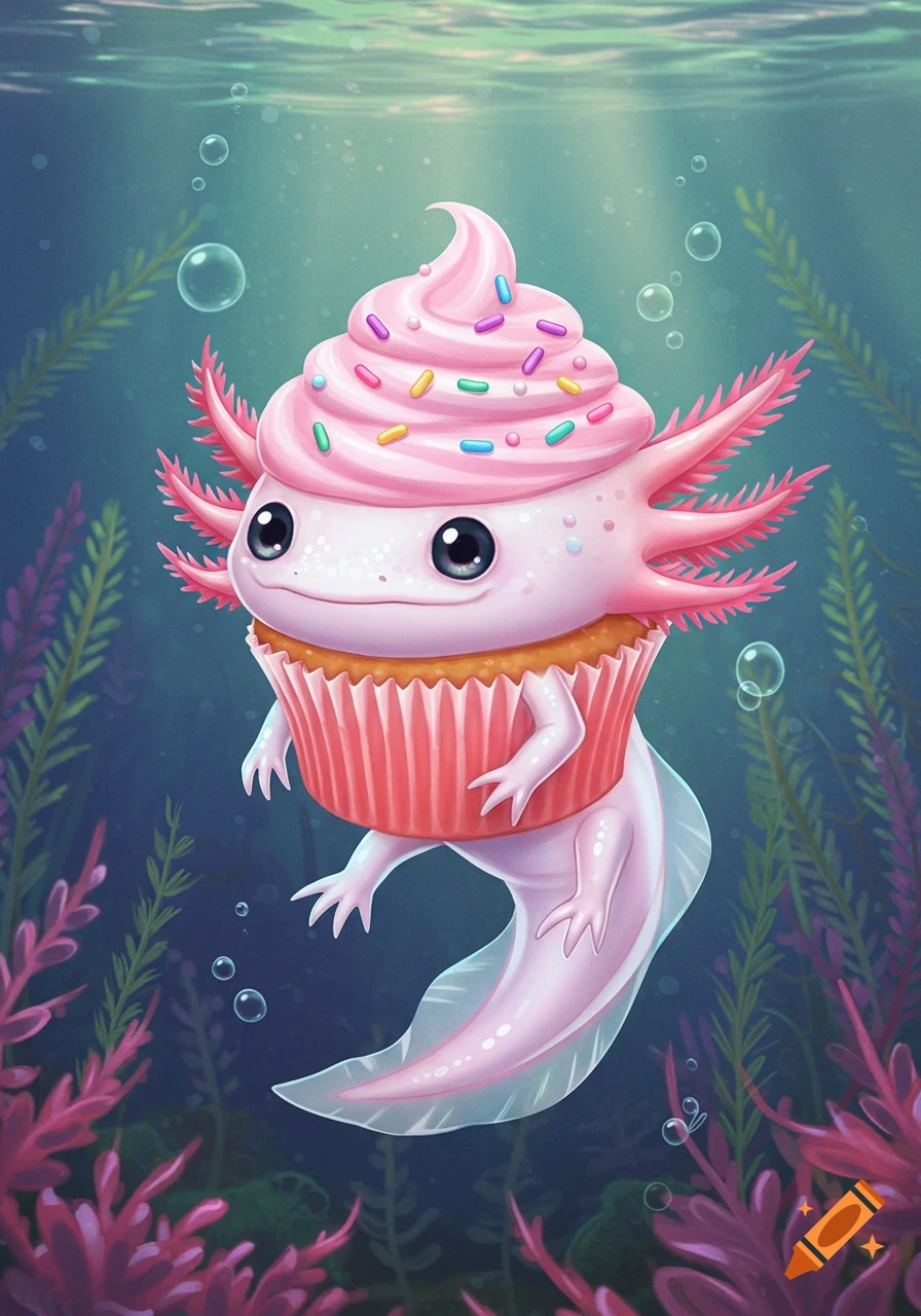 Cute pink axolotl cupcake swimming underwater among plants in an illustration.
