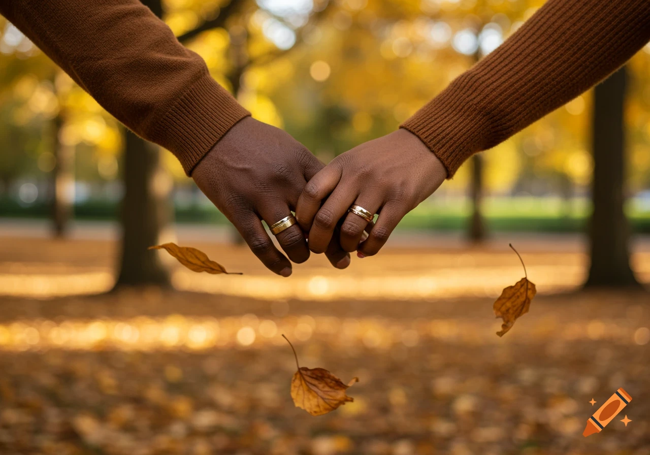 Close-up of a Black couple holding hands with wedding bands in an autumn park.