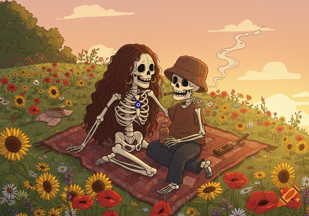 Cartoon skeletons on a blanket in a field of sunflowers and poppies. One has long hair and an evil eye, the other a bucket hat and blunt.