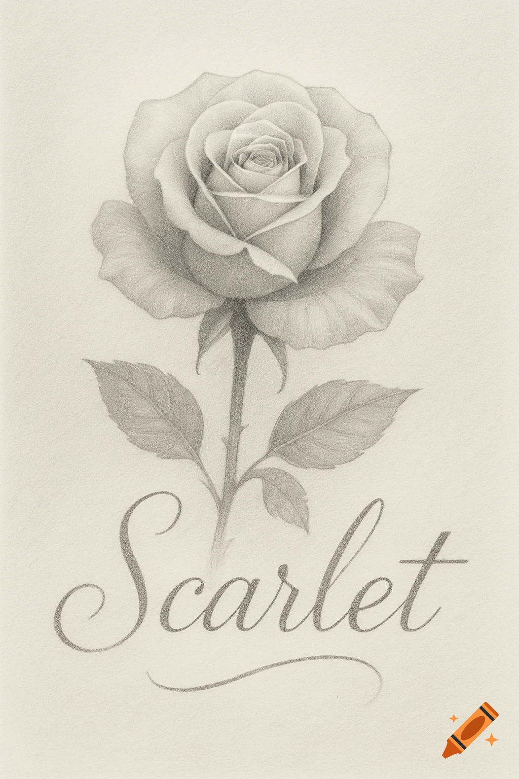 A detailed pencil drawing of a single rose on a stem with leaves, with the name "Scarlet" written in elegant script below it.