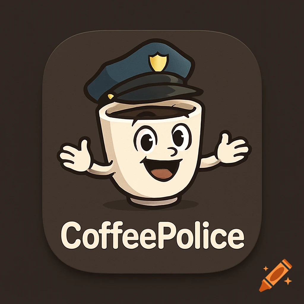 A cartoon coffee cup character in a police hat with outstretched arms, above 'CoffeePolice' text on a dark app icon.