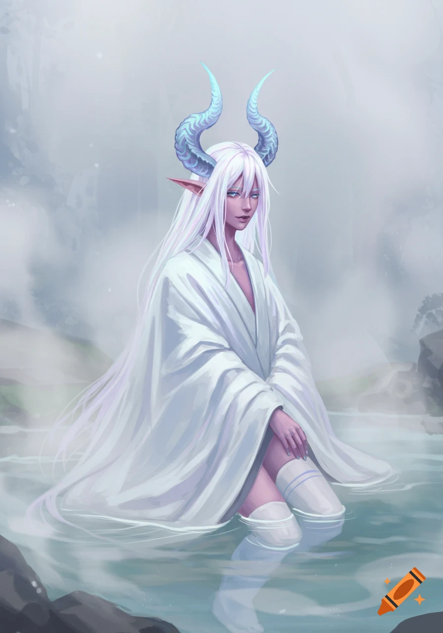 A white-haired human-demon with blue horns and red elf-like ears sits in a steamy hot spring, wearing a white cloak.