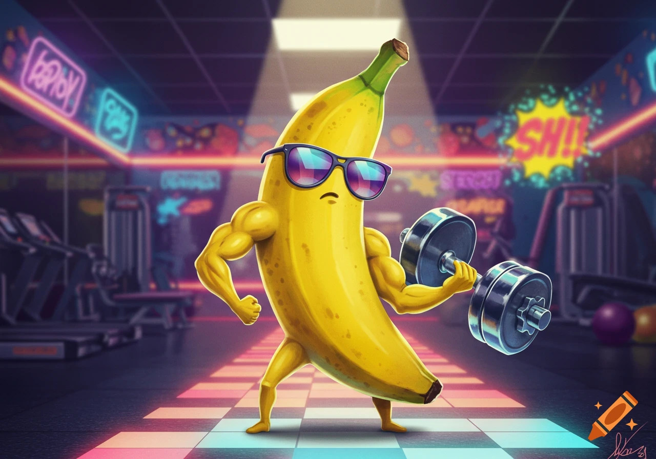 A muscular, anthropomorphic banana wearing sunglasses lifts a dumbbell in a neon-lit gym.