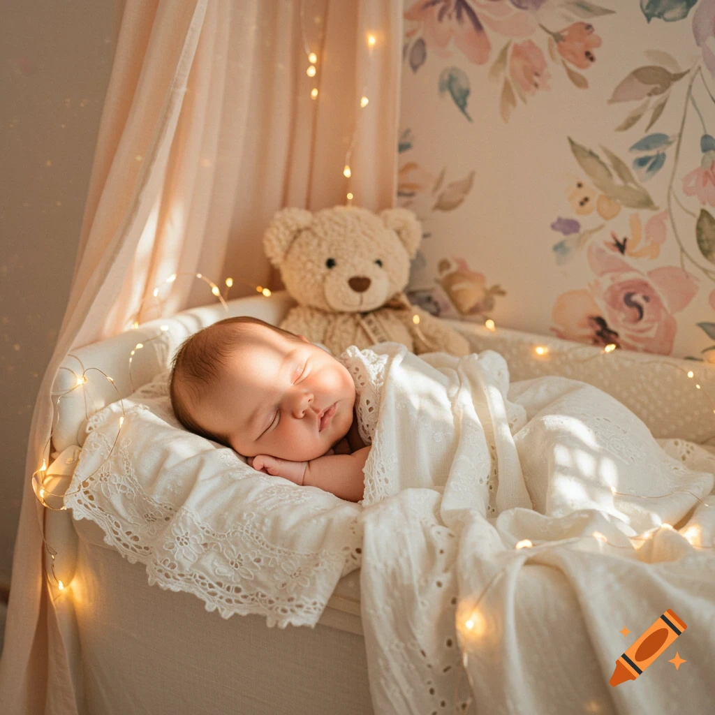 A sleeping baby is snuggled in a white blanket in a crib with string lights and a teddy bear in the background.