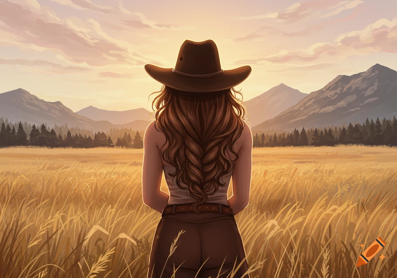 A woman in a cowboy hat stands in a golden field, facing mountains at sunset, depicted in an illustrative style.