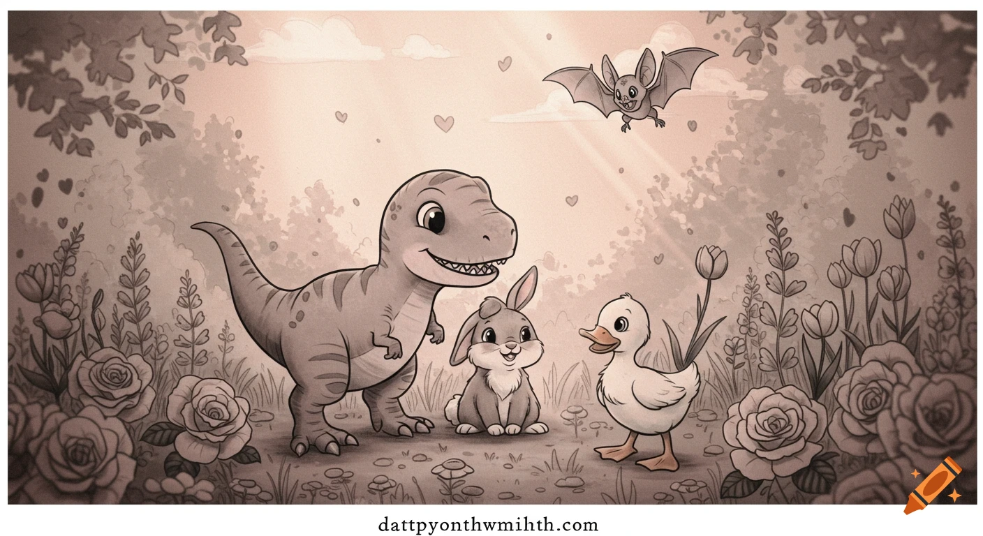 A cute cartoon T-Rex, bunny, duckling, and bat stand in a whimsical, flowery landscape.