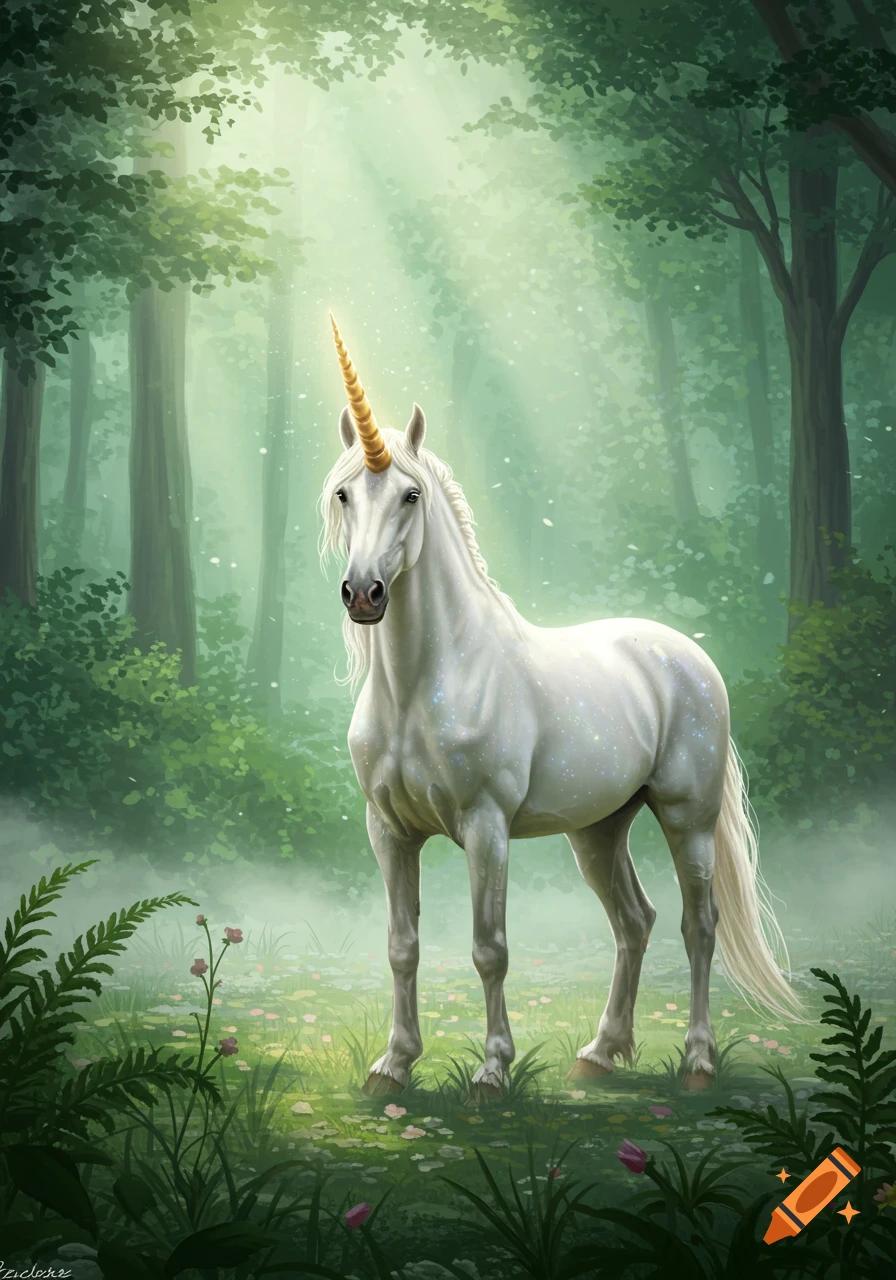 A white unicorn with a golden horn stands in a sunlit, misty forest clearing filled with green foliage and small flowers.
