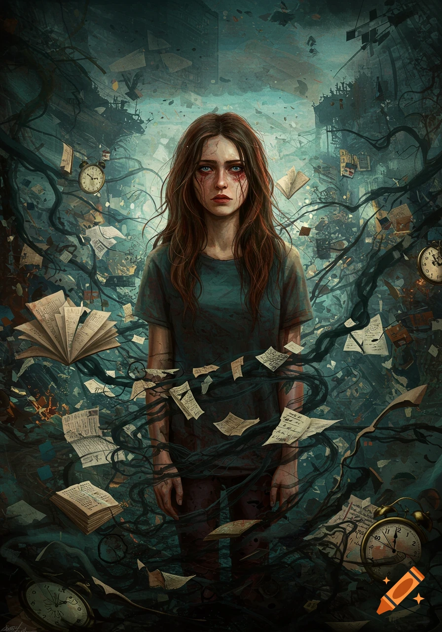 Surreal illustration of a distressed woman with red-streaked eyes surrounded by tangled roots, papers, and clocks in a chaotic, dark setting.
