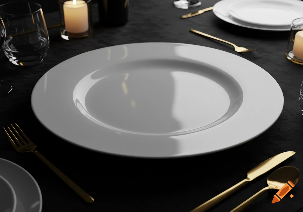 Photorealistic image of an empty white plate on a dark table, with golden cutlery, candles, and a glass.