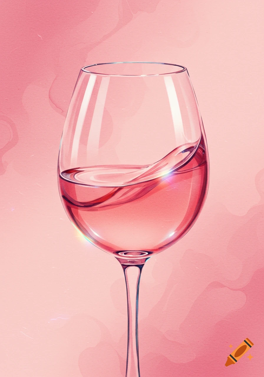 A wine glass holding pink liquid, possibly ros es wine, on a pink background in a watercolor style.
