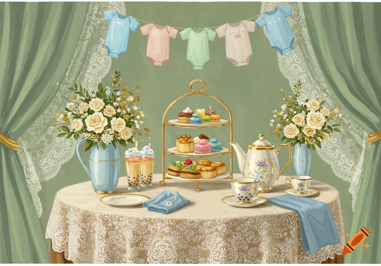 A baby shower tea party scene with a dessert stand, boba teas, flower arrangements, and hanging baby onesies.