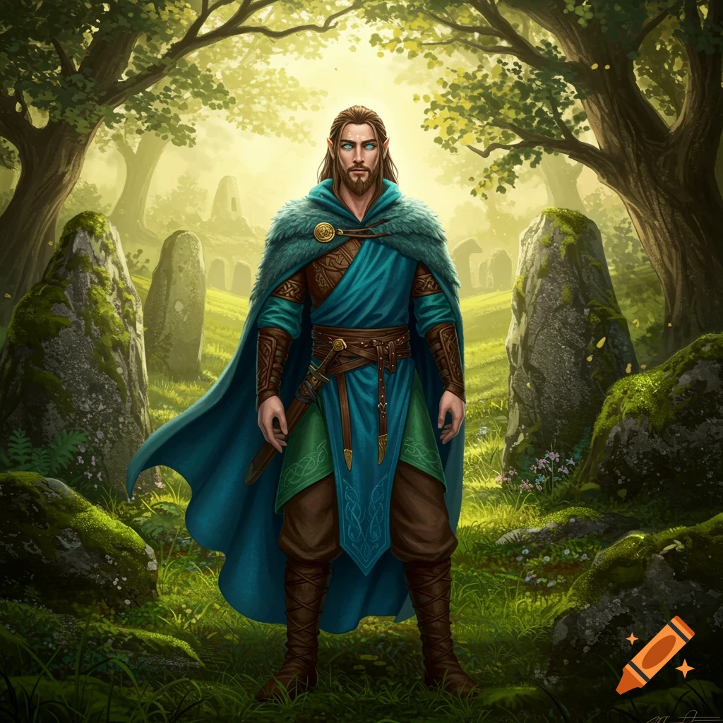 A male fantasy character with long hair and blue eyes stands in a sunlit forest surrounded by ancient mossy stones.
