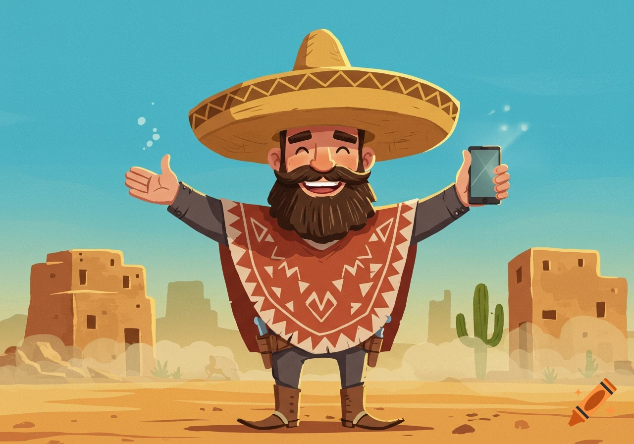 A smiling cartoon Mexican bandit wearing a sombrero and poncho with arms spread wide, holding a phone in a desert.