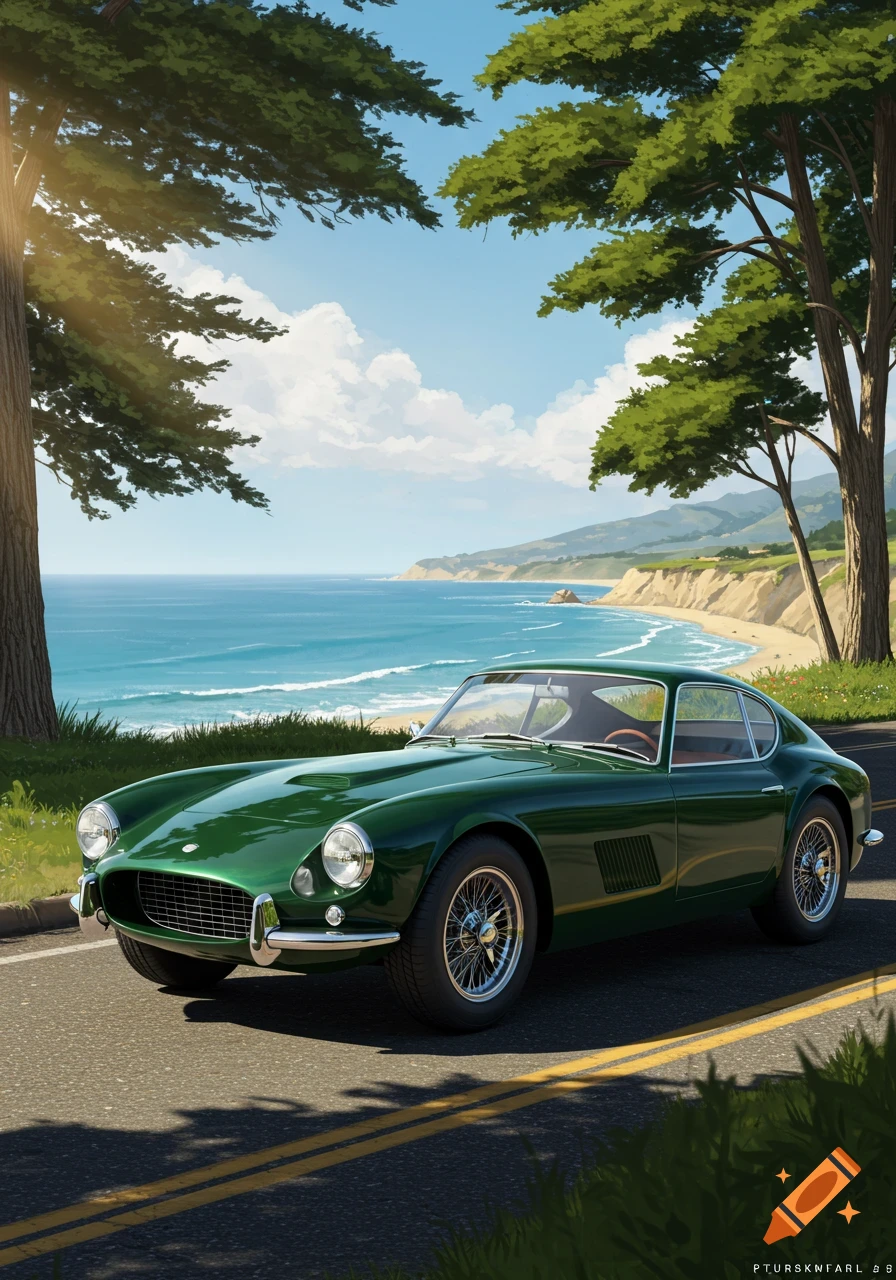 A green classic car on a coastal road next to the ocean, framed by trees under a sunny sky.