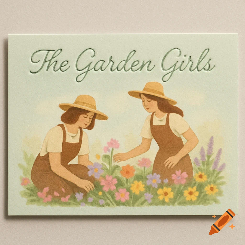 Illustration of two women in straw hats and overalls gardening in a flower bed with 'The Garden Girls' text.