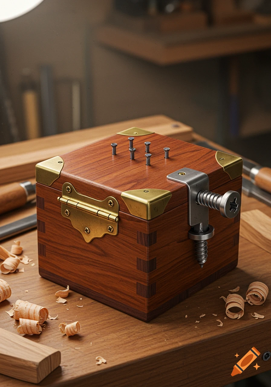 A photorealistic wooden box with brass fittings, nails on top, and a metal clamp, on a workbench with wood shavings.