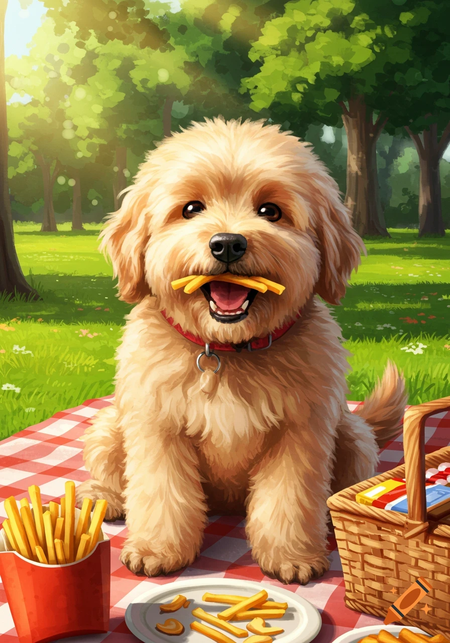 A fluffy golden-brown dog holds french fries in its mouth, sitting on a picnic blanket in a sunny park.