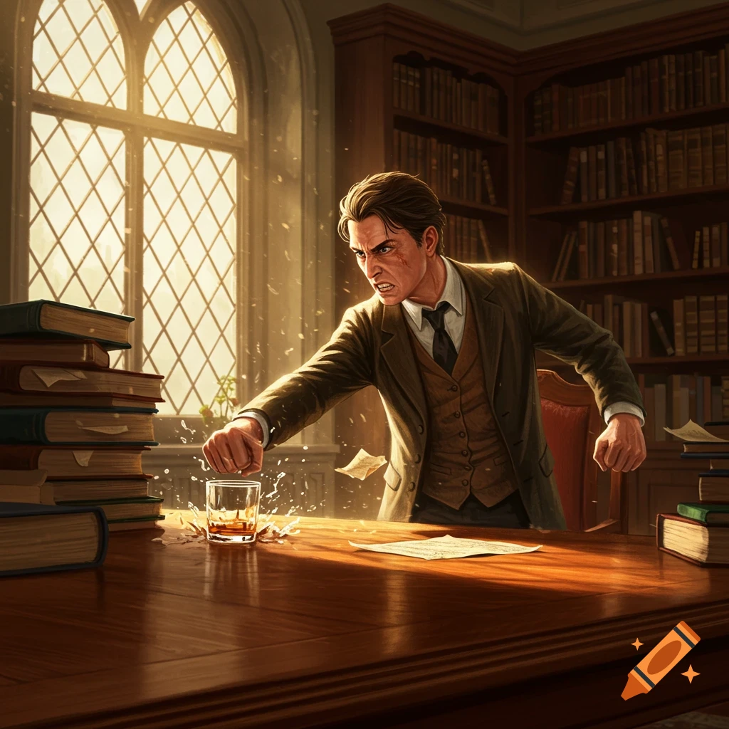 An angry man in a suit slams his fist on a wooden library table, shattering a glass and splashing liquid, with books and papers scattered.