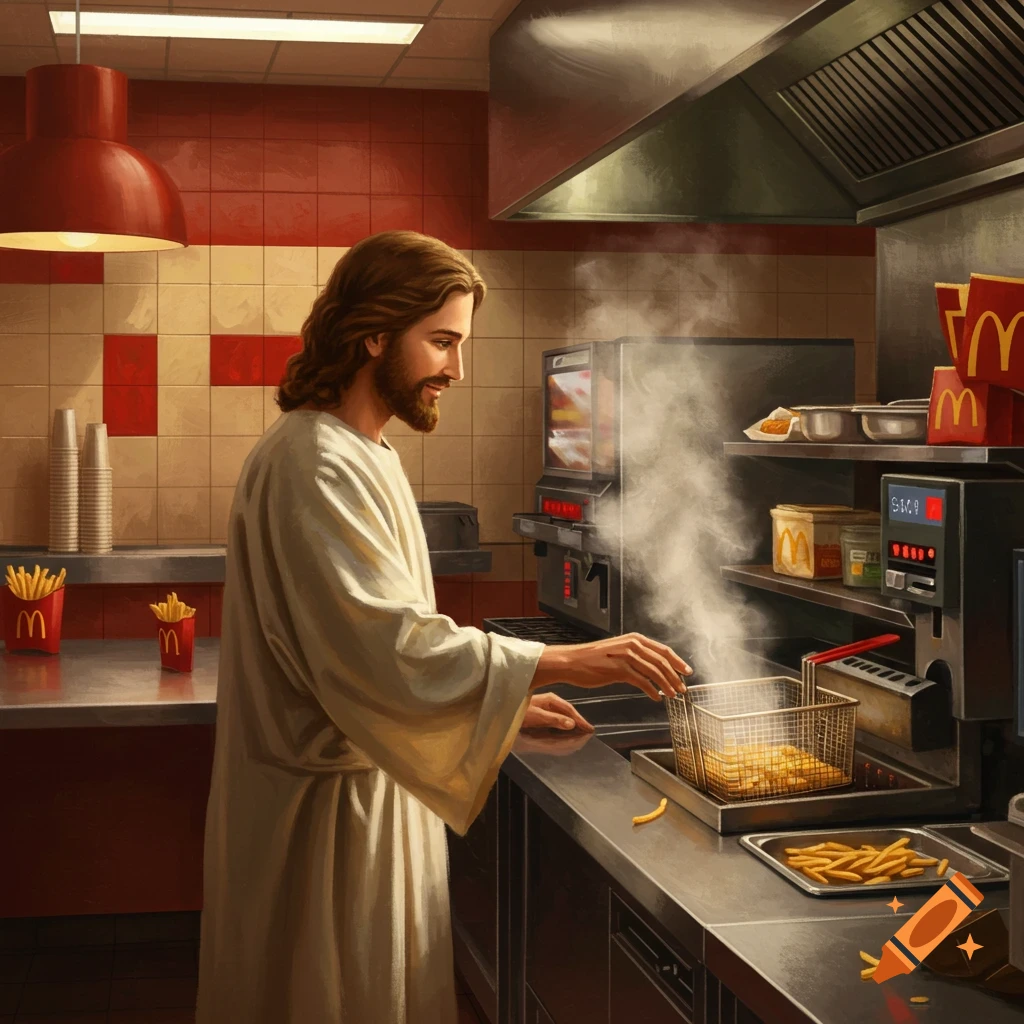 Jesus, in a white robe, cooks French fries in a deep fryer at a McDonald's kitchen, with steam rising from the oil.