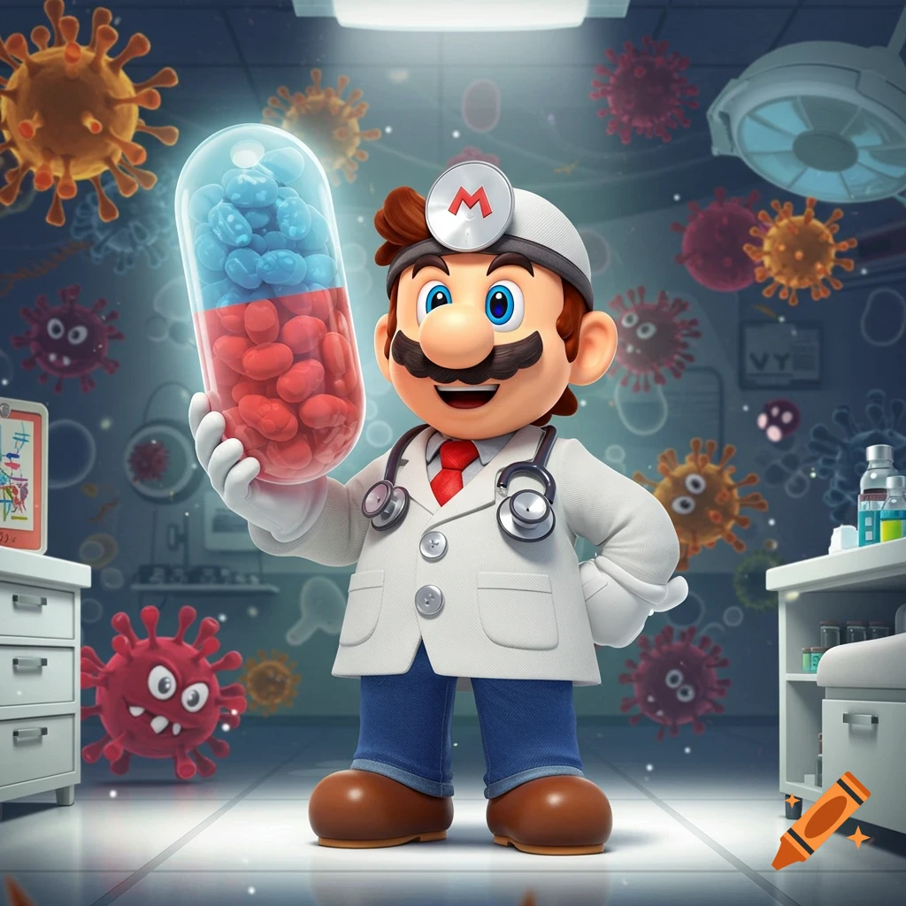 Dr. Mario, wearing a white lab coat and stethoscope, stands in a medical room holding a large red and blue pill, surrounded by cartoon viruses.