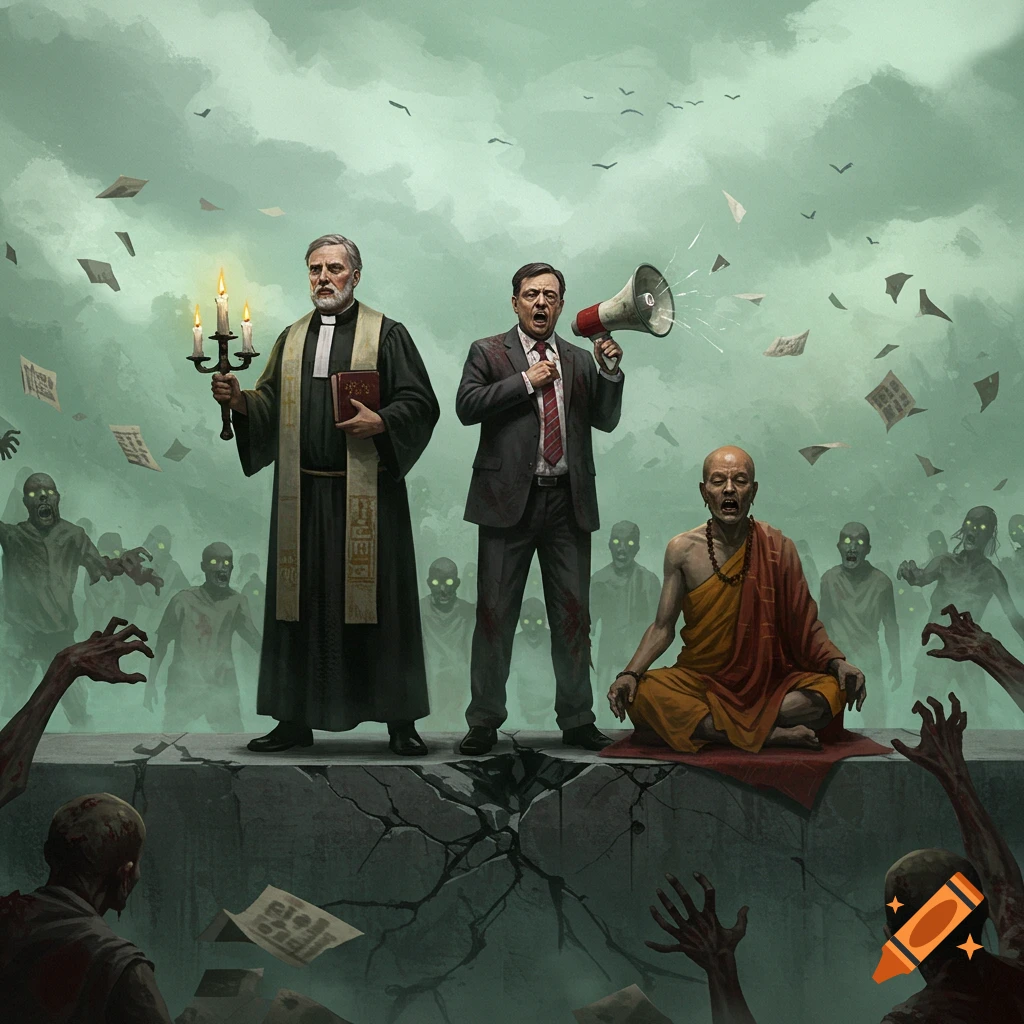 A preacher, politician, and guru stand on a cracked platform, surrounded by zombies in a misty green apocalyptic scene.