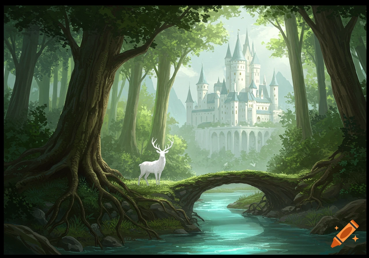 A white stag stands on a mossy bridge over a river in a mystical forest, with a large white castle in the background.