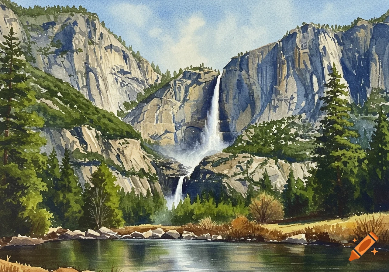 Watercolor painting of Yosemite Falls with tall cliffs, green trees, and a lake in the foreground.
