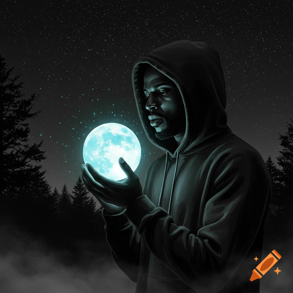 A man in a dark hoodie holds a glowing cyan orb in a dark, star-filled forest.
