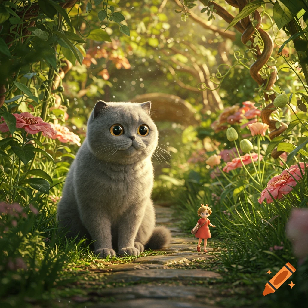 A large, cute gray cat with big eyes sits on a garden path as a tiny girl in a red dress sneaks past in a vibrant, sunlit, Studio Ghibli-style garden.