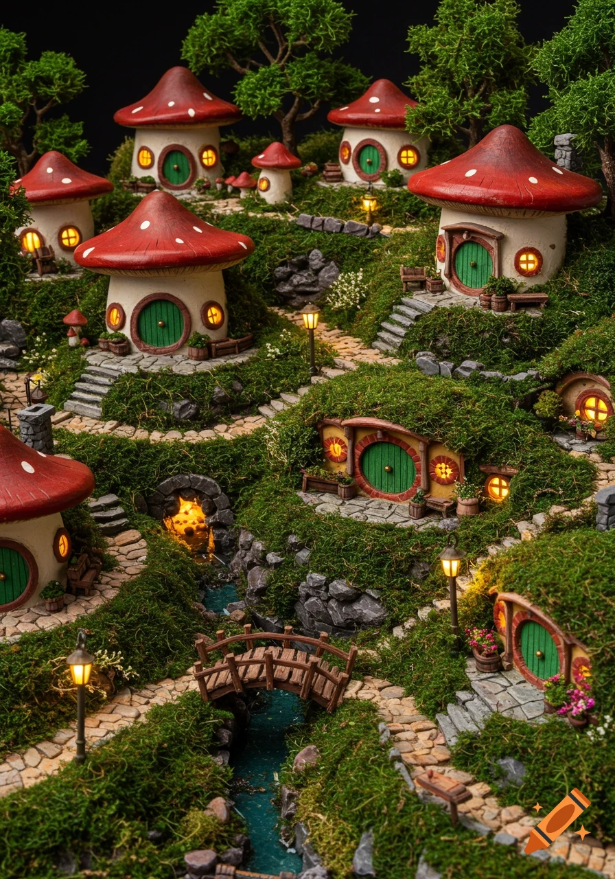A highly detailed miniature diorama of a whimsical hillside village with mushroom houses and moss-covered hobbit homes, connected by paths, bridges, and streams.