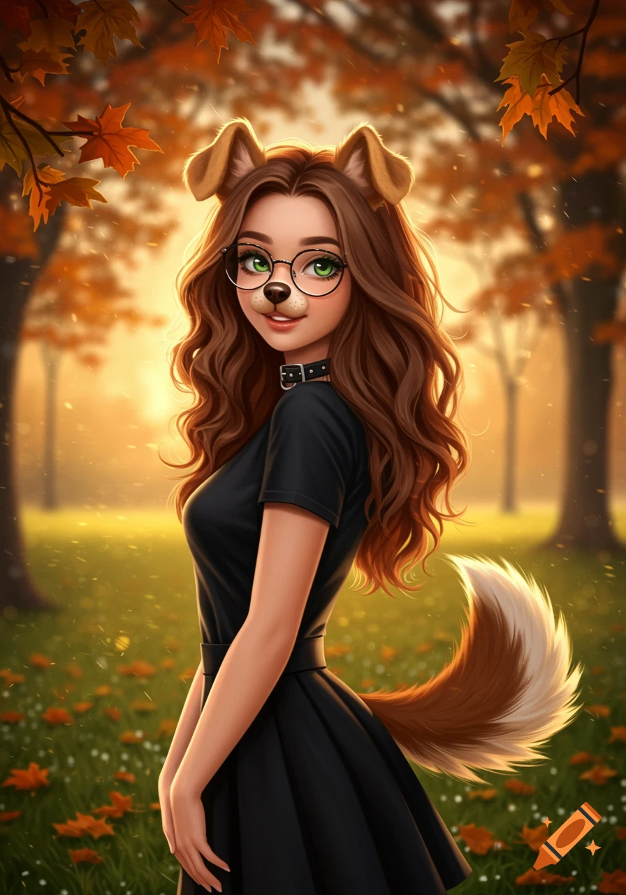 Stylized portrait of a girl with dog ears, nose, and tail, wearing glasses, a black t-shirt, and skirt, standing in an autumn park.